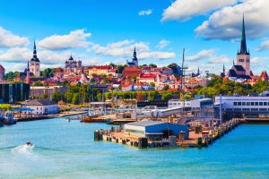 Scenic summer view of the Old Town and sea port harbor in Tallinn